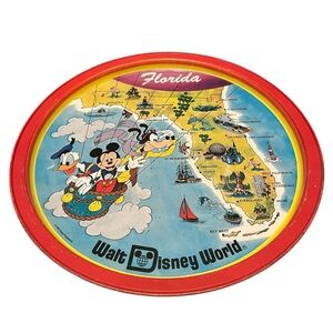 Vintage 80s Walt Disney World Florida Map Metal Tin Tray Epcot Era Disneyana